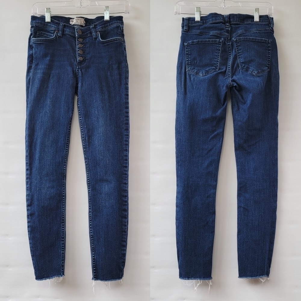 Free People Skinny Jeans Size 26 Dark Blue Exposed Fly Raw Hems Minimalist Jeans